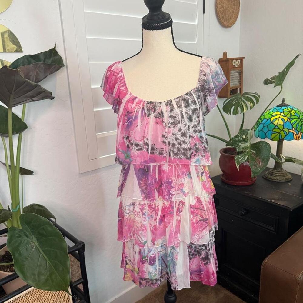Mushka by Sienna Rose Y2K Pink Abstract Tiered Ruffle Mini Dress M